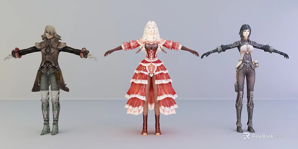 Game And Movie Characters With Different Costumes Red Layered Dress Mechanical Arm And Tight Outfit 3d model 