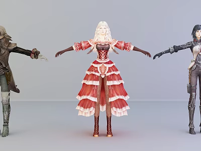 Game And Movie Characters With Different Costumes Red Layered Dress Mechanical Arm And Tight Outfit 3d model