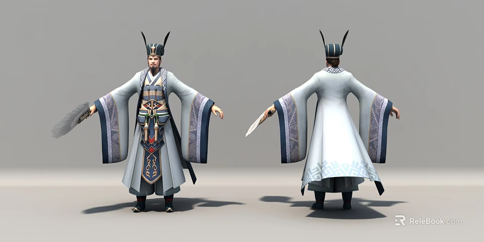 Ancient Historical Character 3D Model in Traditional Robe with Horned Hat Front Back View 3d model 