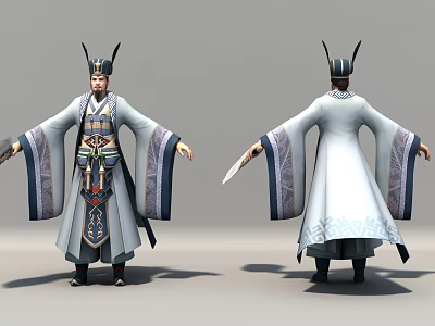 Ancient Historical Character 3D Model in Traditional Robe with Horned Hat Front Back View 3d model