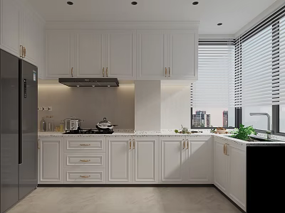 Modern Kitchen Interior Design With White Cabinets Black Appliances Countertop And Window Blinds 3d model