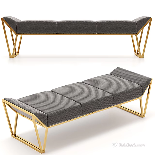 Modern Gray Quilted Upholstered Bench With Gold Geometric Metal Frame 3d model 