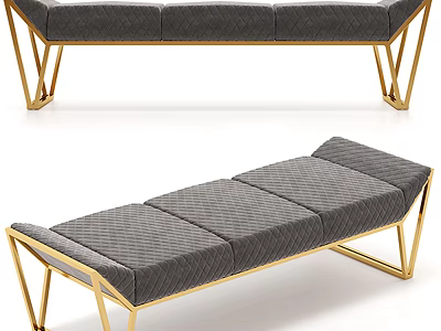 Modern Gray Quilted Upholstered Bench With Gold Geometric Metal Frame 3d model