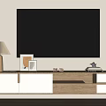 Modern TV Stand with TV Lamp Photo Frame Vase and Books in Minimalist Setting