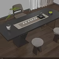 Modern Minimalist Tea Table And Stools With Tea Set Potted Plant Fruits