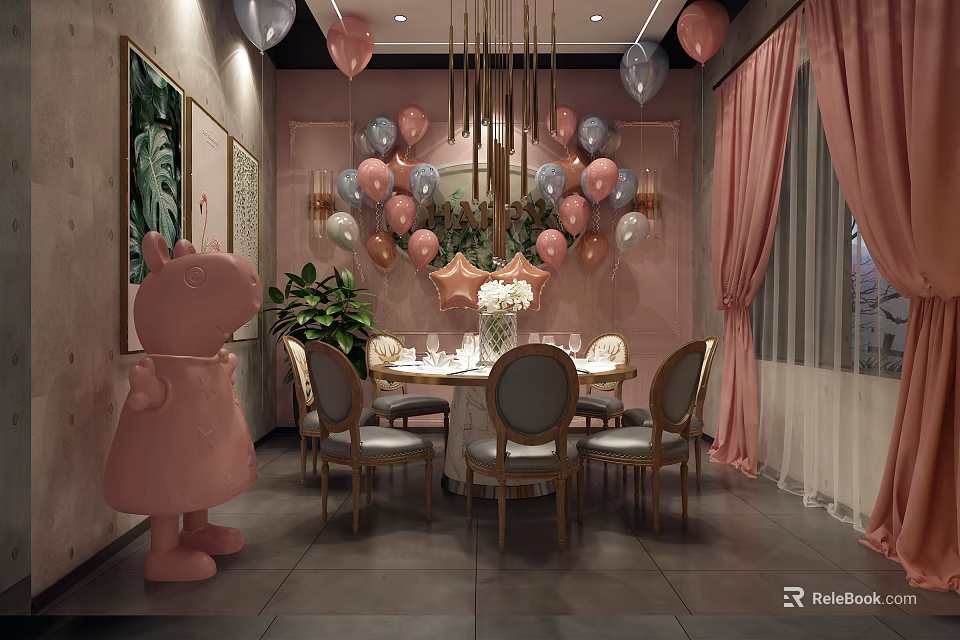 Stylish Private Dining Room With Pink Gray Balloons Chandelier Round Table And Pink Curtains 3d model 