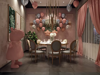 Stylish Private Dining Room With Pink Gray Balloons Chandelier Round Table And Pink Curtains 3d model