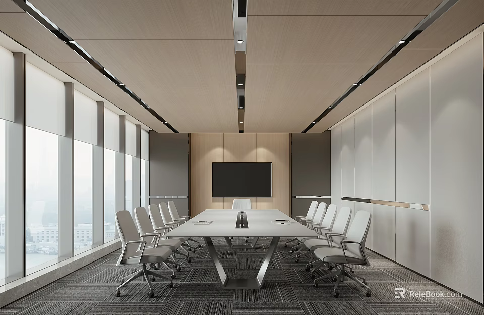Modern Conference Room Interior With Large Windows Long Table White Chairs And TV 3d model 