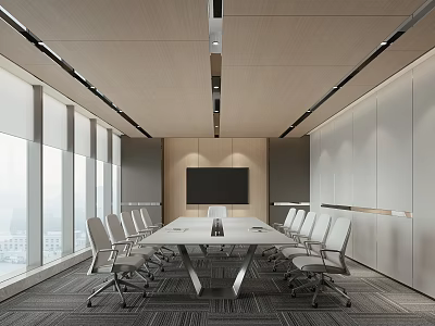 Modern Conference Room Interior With Large Windows Long Table White Chairs And TV 3d model