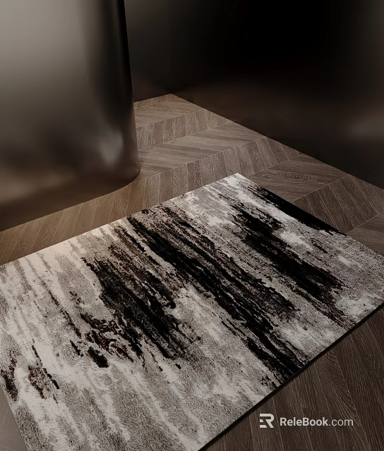 Square Rug With Abstract Brushstroke Design In Black White Gray On Herringbone Wood Floor 3d model 
