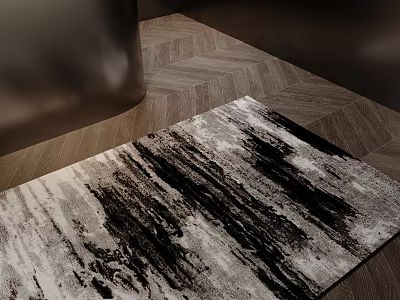 Square Rug With Abstract Brushstroke Design In Black White Gray On Herringbone Wood Floor 3d model