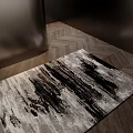Square Rug With Abstract Brushstroke Design In Black White Gray On Herringbone Wood Floor