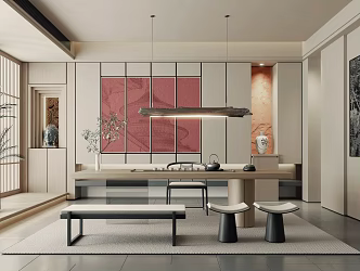 New Chinese Tea Room Tea Room Background Wall Chandelier Tea Table and Chair 3d model