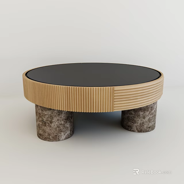 Round Coffee Table With Black Tabletop Wooden Frame And Marble Legs 3d model