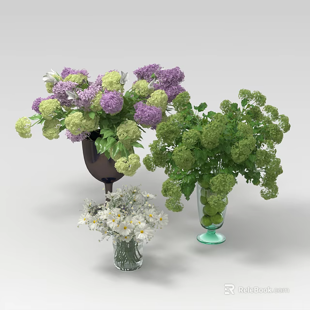 Fresh Purple Green Hydrangeas and White Daisies in Glass and Dark Vases 3d model 