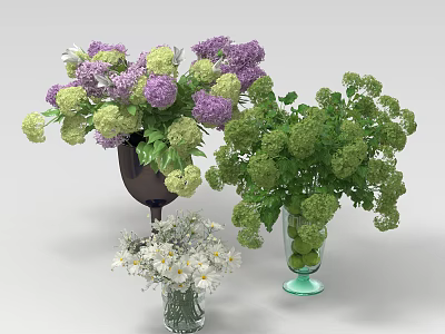 Fresh Purple Green Hydrangeas and White Daisies in Glass and Dark Vases 3d model