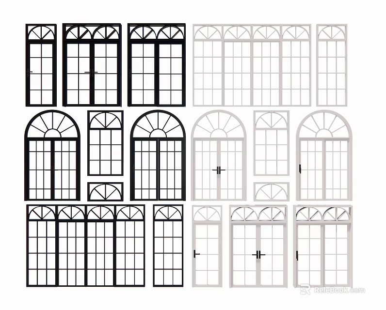 Various Window And Door Designs With Different Shapes In Black And White 3d model