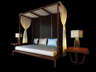 Stylish Single Bed with Wooden Canopy Frame White Curtains Colorful Cushions and Bedside Table Lamps 3d model