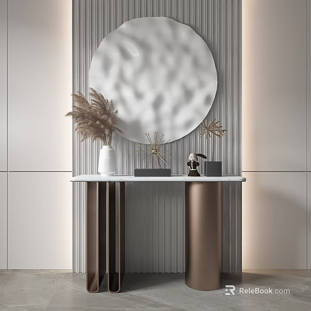 Modern Console Table Design With Circular Mirror Vase And Pampas Grass Decor 3d model