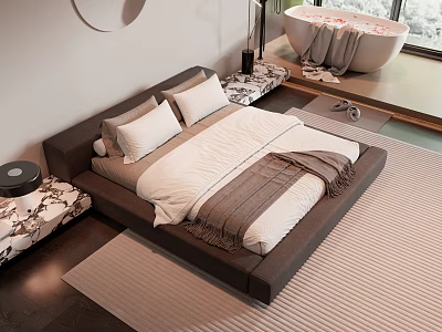 Modern Minimalist Double Bed Bedroom Interior With White Brown Bedding Patterned Stools And Rug 3d model