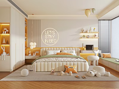 Cozy Kids Room With Soft Bed Toys Storage Cabinets Wall Sign And Plush Rug 3d model