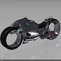 Futuristic Motorcycle Featuring Sleek Silver Body Large Wheels Blue LED Lights and Modern Design