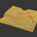 3D Architectural Terrain Model Featuring Orange Mountain Ranges And Blue River
