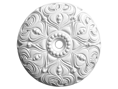 Intricate White Circular Ceiling Medallion Carving With Floral Scrollwork Bead Patterns And Central Hole 3d model