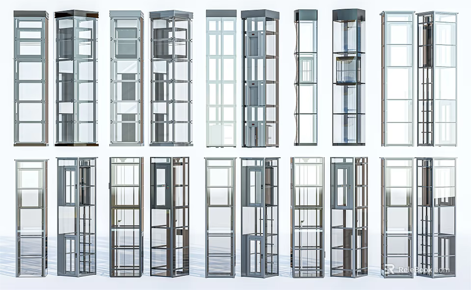 Various Modern Elevator Design Options Featuring Glass Panels And Metal Frame Styles 3d model 