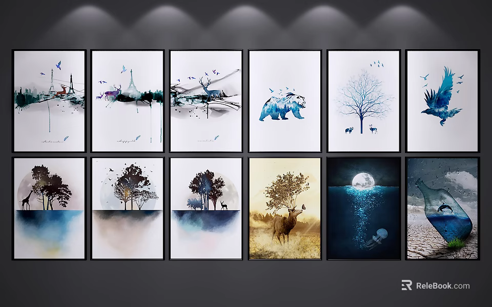 Framed Landscape Paintings Collection With Trees Moon Deer Bear Ocean And Mountain 3d model 