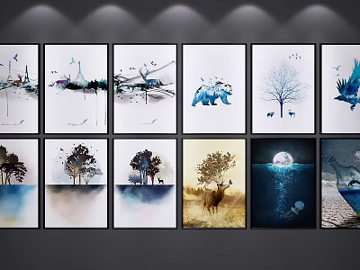 Framed Landscape Paintings Collection With Trees Moon Deer Bear Ocean And Mountain 3d model