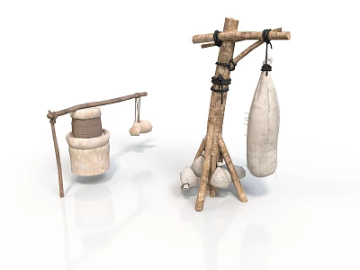 Handmade Wooden Storage Tools With Hanging Bags And Round Objects On Stands 3d model