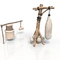 Handmade Wooden Storage Tools With Hanging Bags And Round Objects On Stands