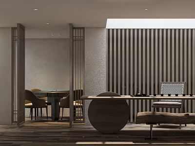 Modern Tea Room Interior With Slatted Walls Round Tea Table And Seating 3d model