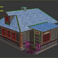 Wooden House With Gray Roof Red Trim Green Accents Windows Porch And Chimney