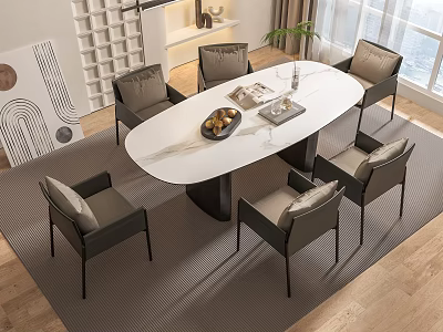 Modern Oval Dining Table Set With White Tabletop And Gray Chairs In Interior 3d model