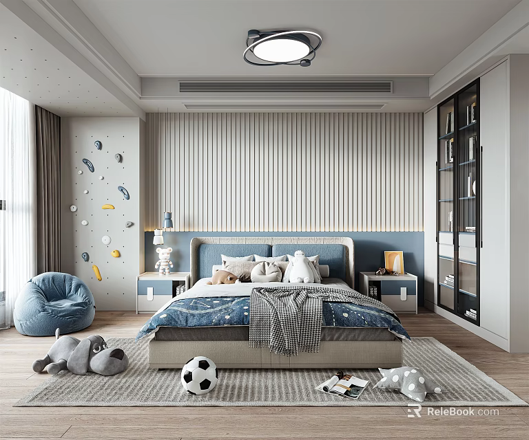 Modern Kids Room Interior With Bed Stuffed Toys Soccer Ball And Decorative Wall Stickers 3d model 