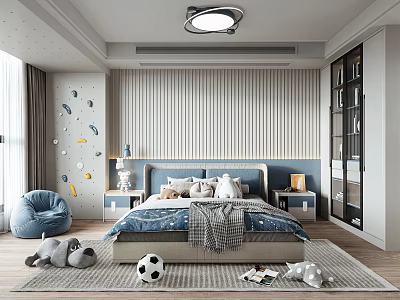 Modern Kids Room Interior With Bed Stuffed Toys Soccer Ball And Decorative Wall Stickers 3d model