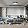 Modern Kids Room Interior With Bed Stuffed Toys Soccer Ball And Decorative Wall Stickers