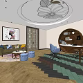 Modern Office Interior With Sofa Coffee Table Desk And Circular Ceiling Design 3d model