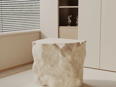 Natural Stone Side Table With Rustic Texture In Light Living Room With Blinds And Cabinets 3d model