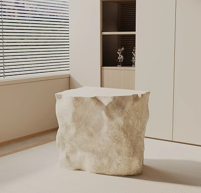 Natural Stone Side Table With Rustic Texture In Light Living Room With Blinds And Cabinets 3d model