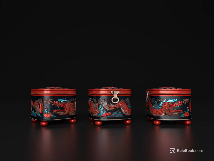 Traditional Ornamental Decor Set With Three Dragon Patterned Boxes Red Lids Black Bodies Red Feet 3d model 