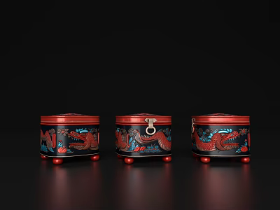 Traditional Ornamental Decor Set With Three Dragon Patterned Boxes Red Lids Black Bodies Red Feet 3d model