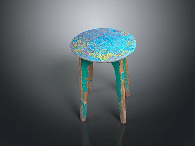Rustic Turquoise Single Chair With Splattered Blue Yellow Round Top And Three Peeling Legs 3d model