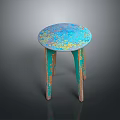 Rustic Turquoise Single Chair With Splattered Blue Yellow Round Top And Three Peeling Legs