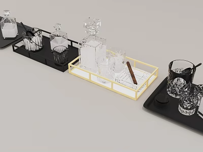 Elegant Alcohol Bottles And Glassware On Black And Gold Trays With Cigar 3d model