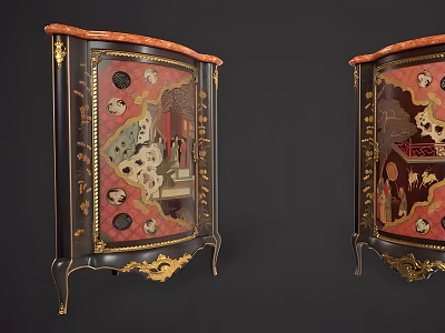 Ornate Entryway Cabinet and Side Cabinet with Gold Trim Intricate Carvings and Red Lacquer Panels 3d model