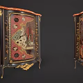 Ornate Entryway Cabinet and Side Cabinet with Gold Trim Intricate Carvings and Red Lacquer Panels