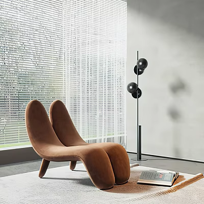Brown Chaise Lounge In Modern Interior With Window Blinds Floor Lamp And Magazines 3d model